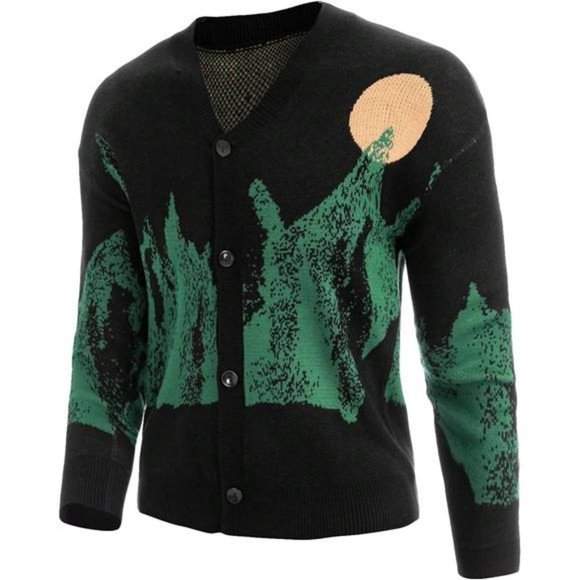 Men's Skeleton Print Long Sleeve Cardigan Sweaters V Neck Button Down Coats NWT - Picture 1 of 7